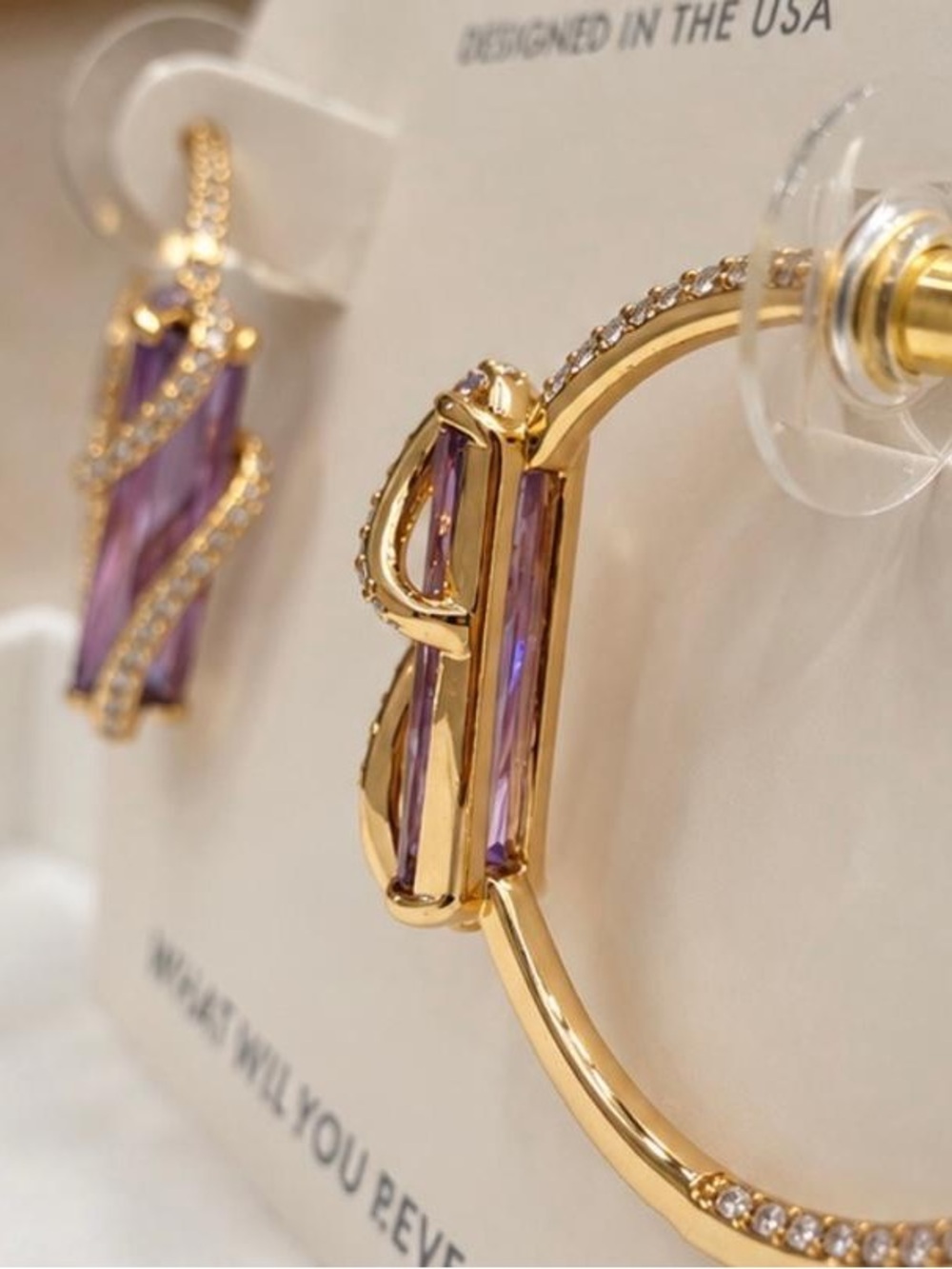 Gold Hoop Earrings with Purple Crystal Accents - Women Jewelry